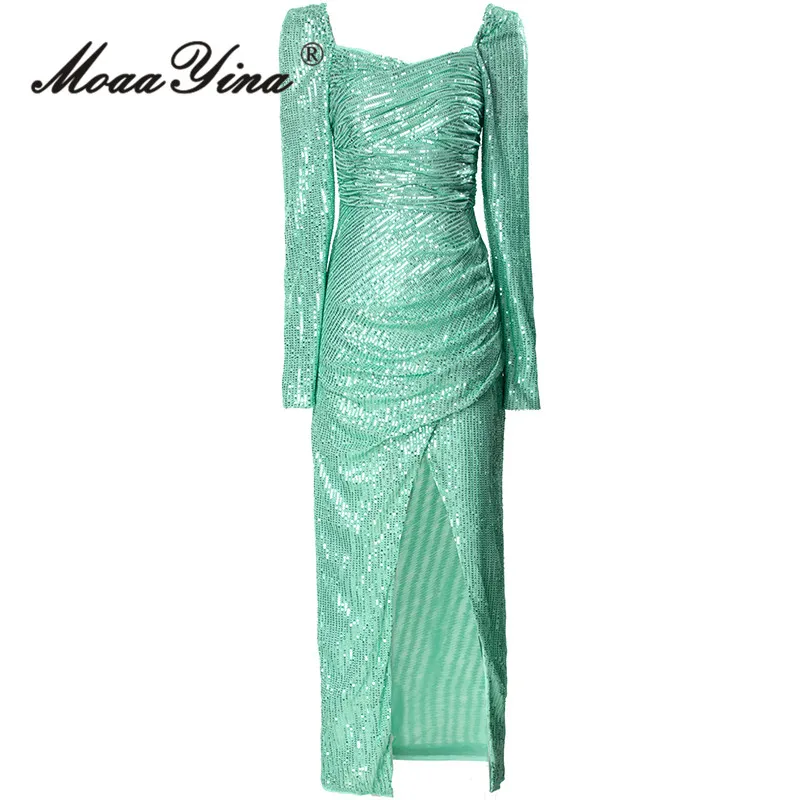 MoaaYina Summer High Quality New Arrivals Women Dress Vintage Gorgeous Sequins Net Yarn Ruched Sexy Side Split Temperament Dress