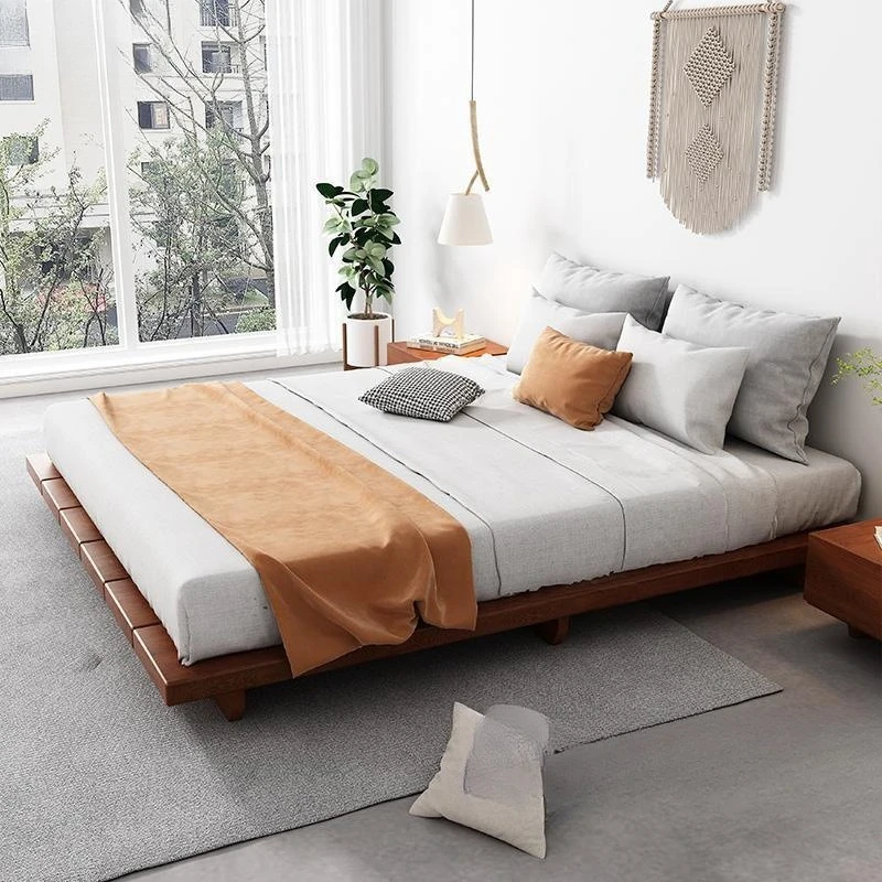 Suspended solid wood tatami bed Floor-to-ceiling integrated bed frame Bone tatami master bedroom bed minimalist