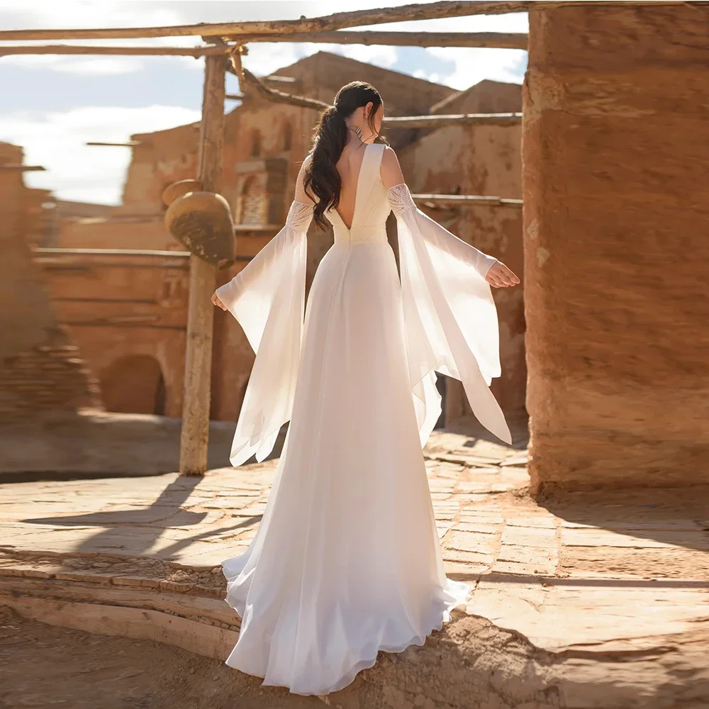 Customized Detachable Flare Sleeves Wedding Dresses Pleated V-neck Backless Bride Gowns Simple Floor Length A Line Bridal Dress