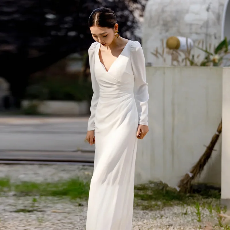 

New Wedding Dress With Sleeve Sexy Deep V-neck Bridal Dresses Elegant Floor-length A-line Satin Robe De Mariee Customized