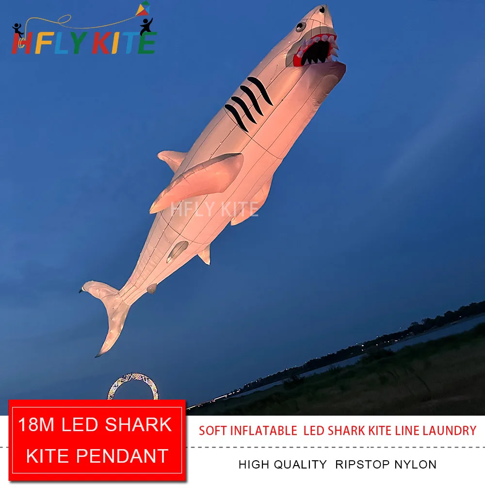 HFLY Nieuwe Aanwinst Zachte Opblaasbare Reuze 18m LED Haai Vlieger Lijn Wasgoed voor Volwassenen Hoge Kwaliteit Nylon Nachtshow Vliegers Hangertje