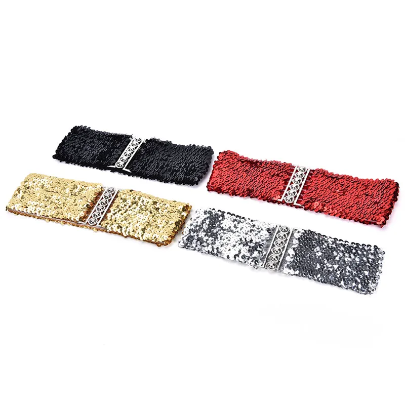 Fashion Metallic Sequin Women Dress Belts Cool Punk Shinny Cummerbund Elastic Stretch Wide Waistband Free Ize Wide Stretch Belt