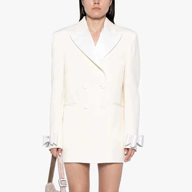 HKSH Herfst Nieuwe Vrouwen Blazer Double Breasted Turn-down Kraag Patchwork Boog Bezaaid Diamanten Chic Office Lady Lange Jassen HK11411