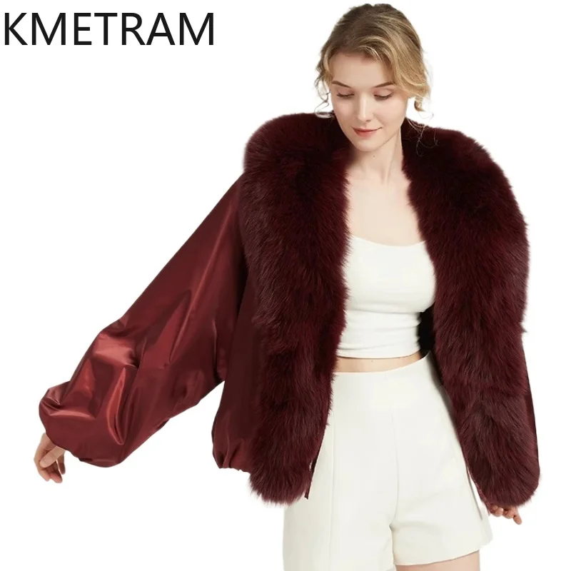 KMETRAM-abrigos de piel de conejo Rex Natural para mujer, Parka de doble cara, chaqueta, cuello de piel de zorro corto de invierno, 2025