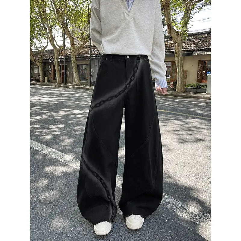 

Мужские и женские джинсы свободного кроя с плиссировкой, в стиле High Street, модные, прямые, из хлопка и полиэстера, весна-лето