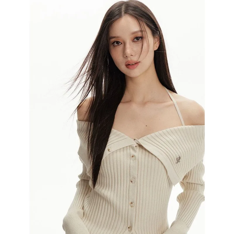 Deeptown Y2k Vintage Off Shoulder Knit Sweater Women Slim Long Sleeve Halter Cardigan Autumn Harajuku Aesthetic Korean Fashion