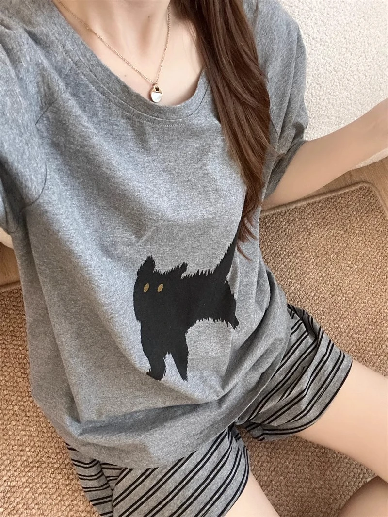 

Летний тонкий комплект женской домашней одежды: пижама с мультяшным принтом, шорты и пуловер с круглым вырезом, удобный для дома