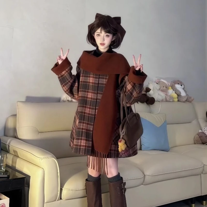 Korean Style Retro Loose Overcoat Spring Autumn Japanese Kawaii Lolita Woolen Coat Women Sweet Cloak Tassel Scarf Plaid Jackets