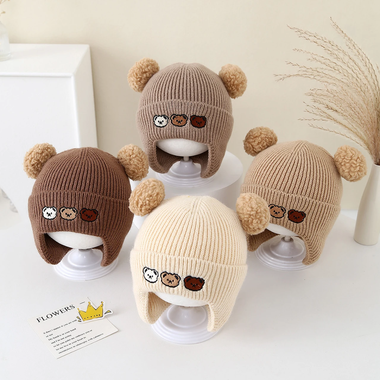 

Cartoon Bear Baby Hat Cute Double Pompom Baby Boys Girls Cap Beanies Soft Winter Thicken Warm Toddler Kids Hat Bonnet