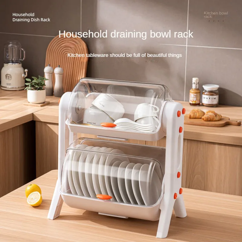 

Household Layered Kitchen Double Cupboard Chopsticks Storage Box Plastic with Lid Plate Drain Bowl Rack Shelf