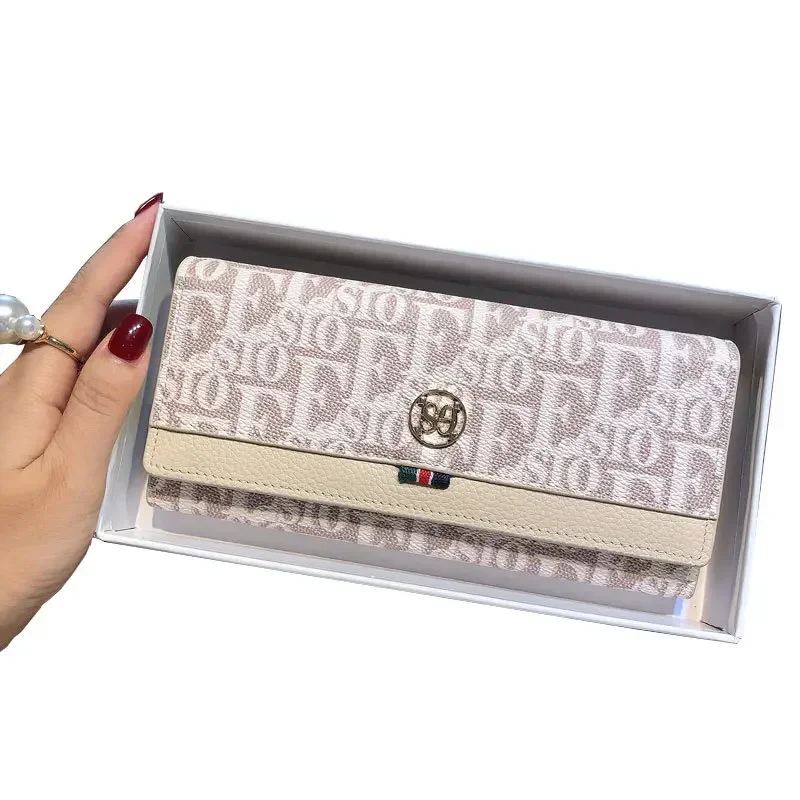 Women PVC + Genuine Cow Leather Long Wallet Large Capacity Card Holder Cellphone Clutch with Letters Money Clip Purse 6Z