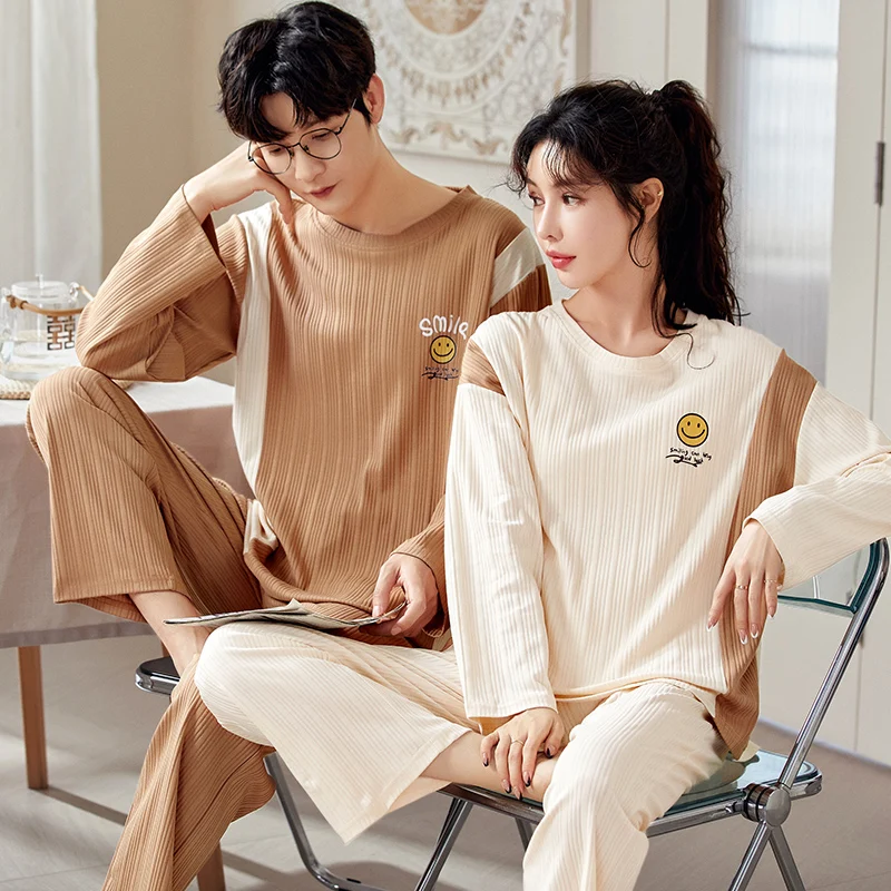 

Cotton Spring Couples Nightwear Long Sleeves Sleeping Tops For Women Men Korean Fashion Pijamas Suit Male Home Suit Hombre