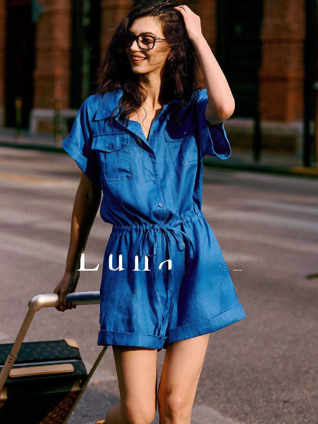 Luna7xi Women's Short Sleeve Wide Leg Jumpsuit Summer New Style Light Blue Purple Linen Overall Pants Commute Fashion