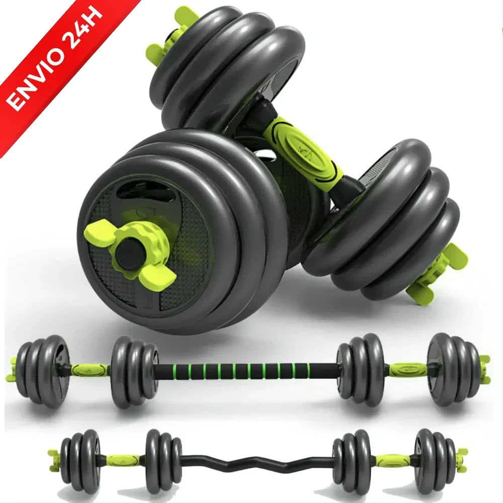 JUEGO DE MANCUERNAS AJUSTABLE MULTIFUNCIONAL 4 EN 1, 40KG TOTAL,CON MANGO OPCIONAL PARA KETTLEBELL, BARRA CURL Y  RECTA, RUEDA ABDOMINAL,FLEXIONES, ENVÍO RAPIDO DESDE EUROPA