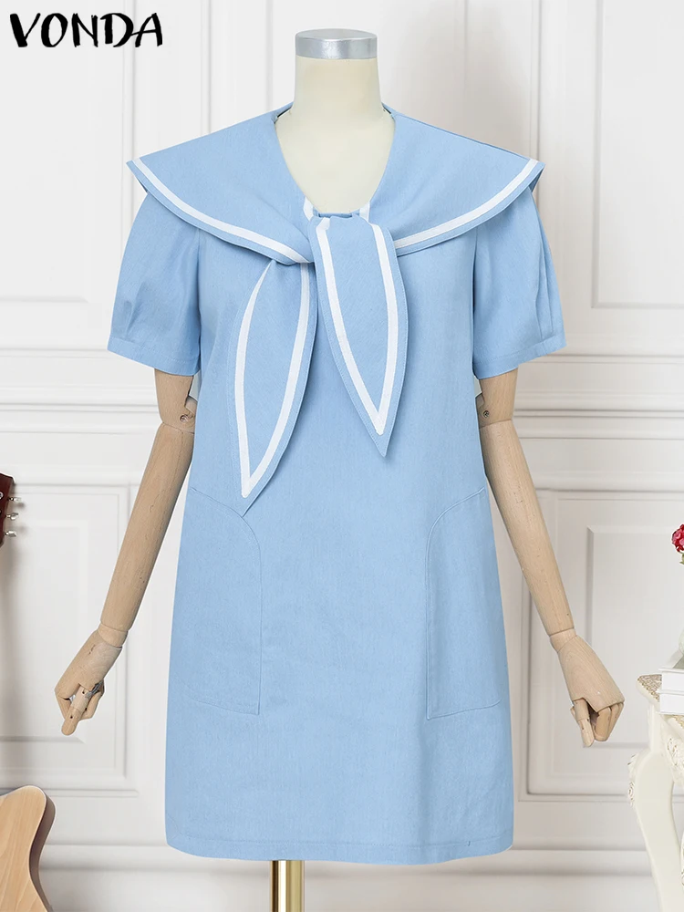 VONDA moda mujer Mini vestido con cuello de marinero 2025 vestido veraniego de verano de manga corta Casual Color Patchwork Vestidos cortos de gran tamaño