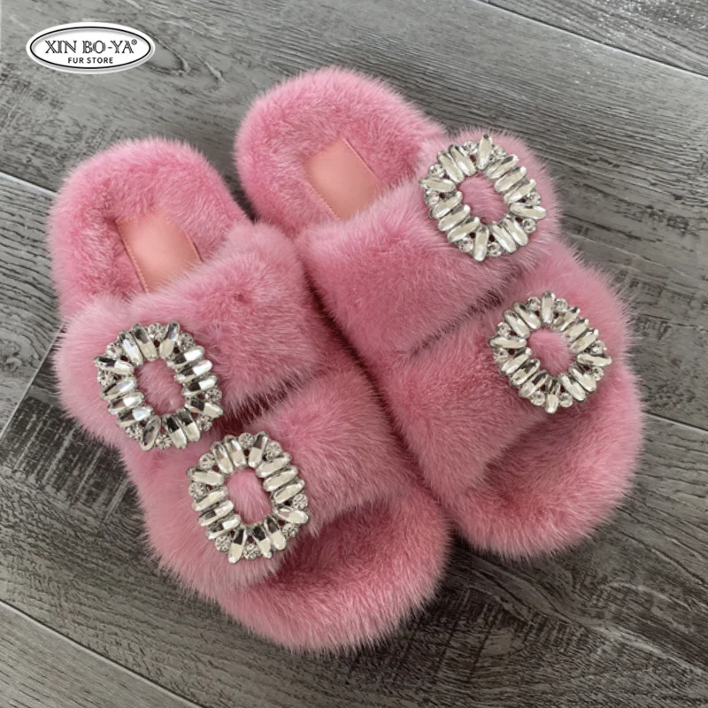 Women's Fur Slippers 100% Real Fur Slippers European Station Ladies Fur Slides Flat Heel Women Shoes Fashion Luxury Slipper