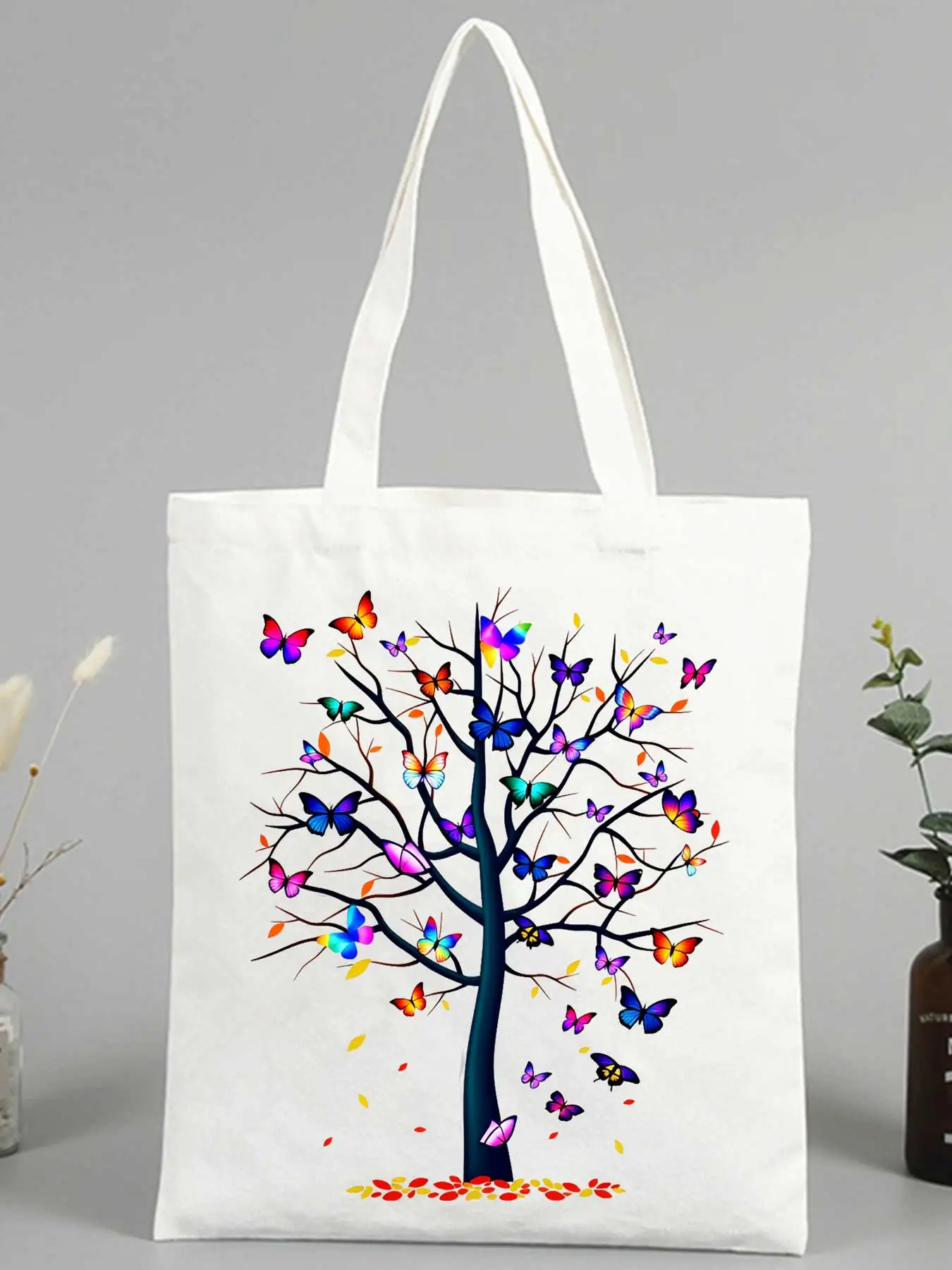 butterfly tree print canvas tote bag, artistic design for daily shopping and casual outings