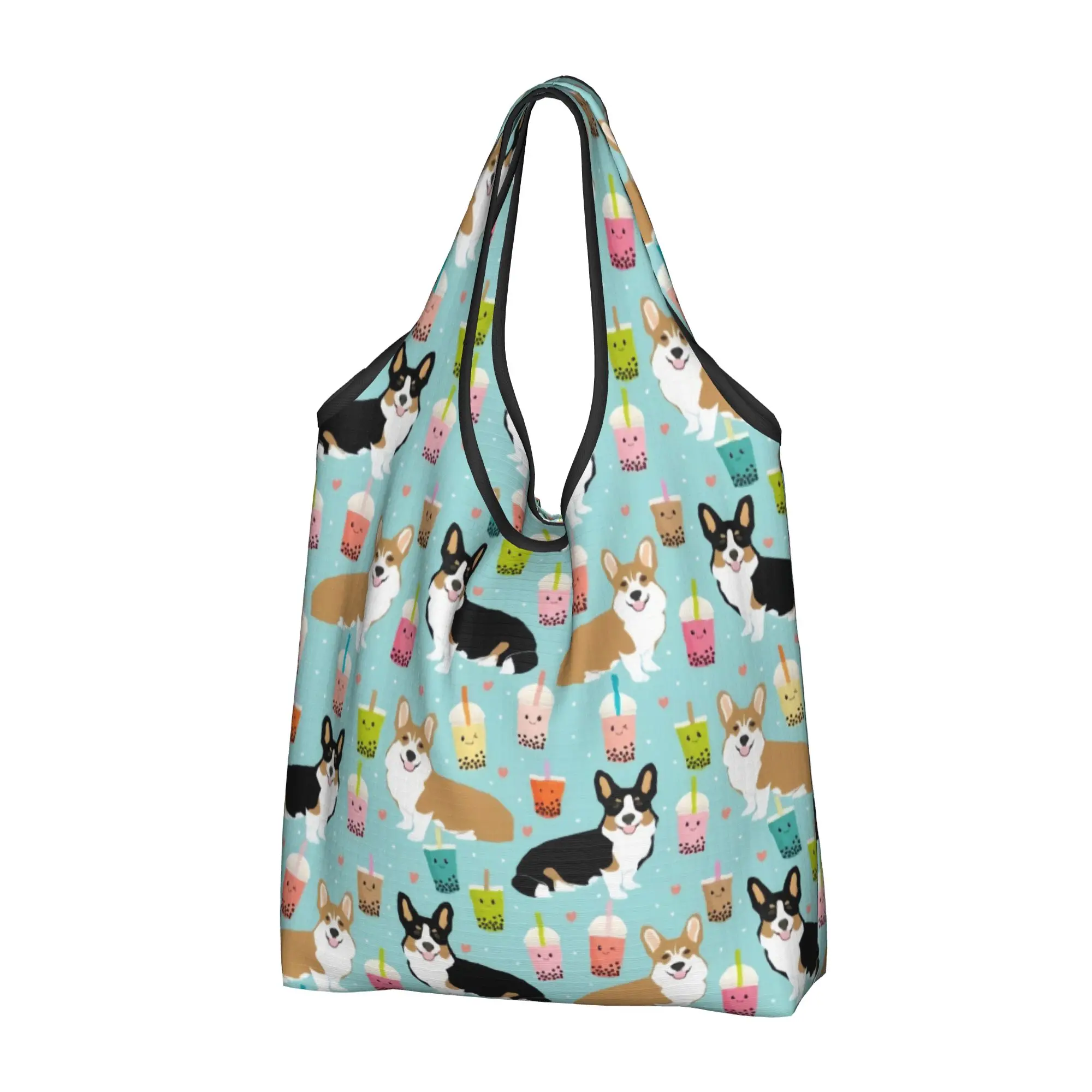 Kawaii Welsh Corgi Bubble Tea Dog Shopping Tote Bags Portable  Grocery Shoulder Shopper Bag