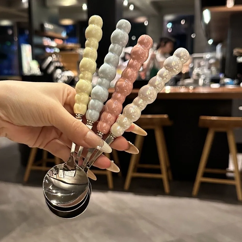 New Stainless Steel Pearl Handle Spoon Five-color Long Handled Stirring Spoons Imitation Ceramic Dessert Spoon Gadgets