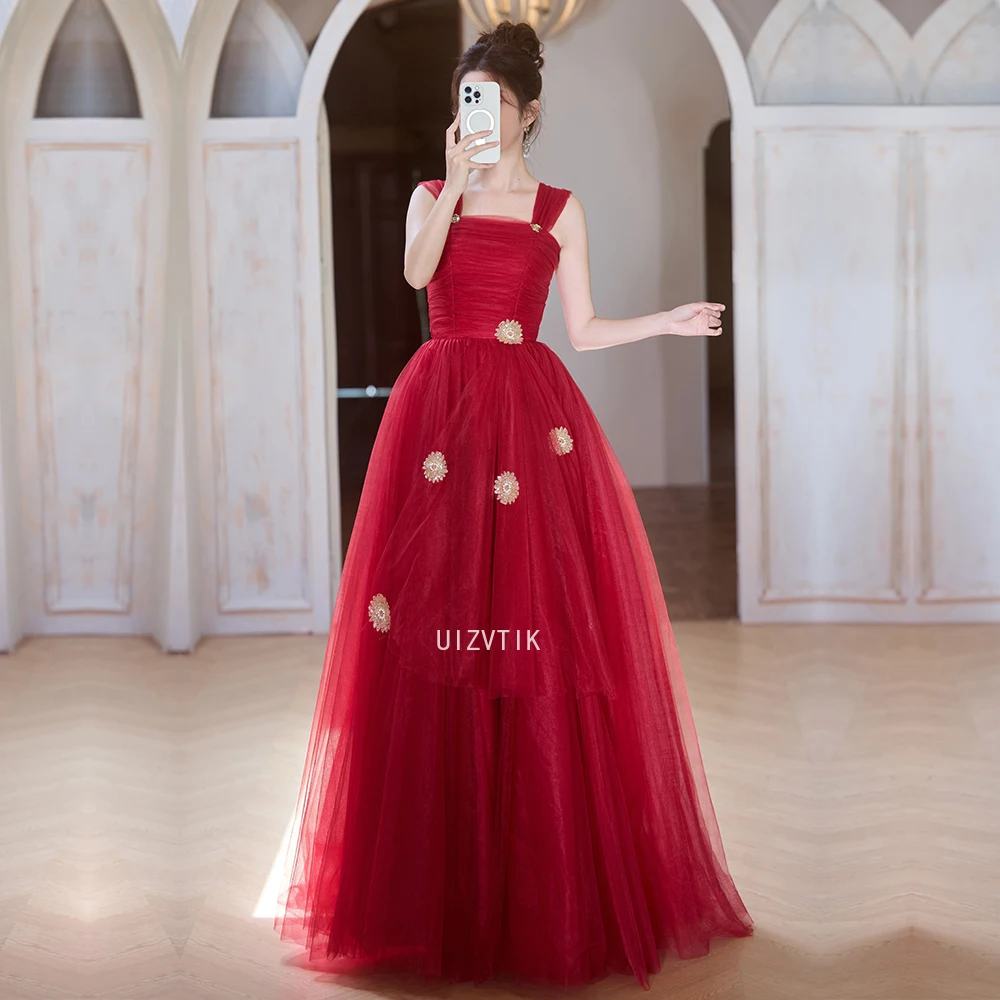 Elegant Red A Line Prom Wedding Dress Korea Photo Shoot Square Collar Floor Length Evening Party Gown Corset Back Customized