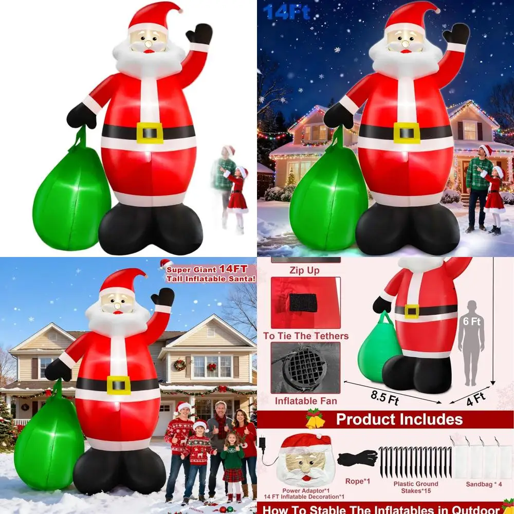 

Санта-Клаус с подсветкой 14 x 8,5 футов и подарочным пакетом, надувное украшение для уличного газона для рождественских праздников