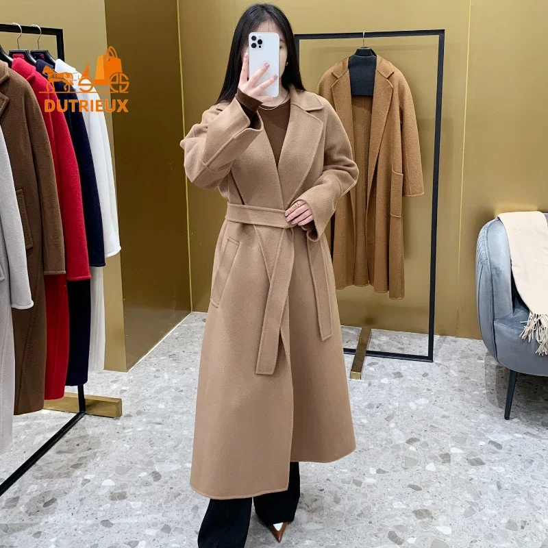 2026 New Winter Women's Double-faced Cashmere Wool Long Camel Coat, Fashion and Elegant 100% Sheep Wool Warm Jacket for Women