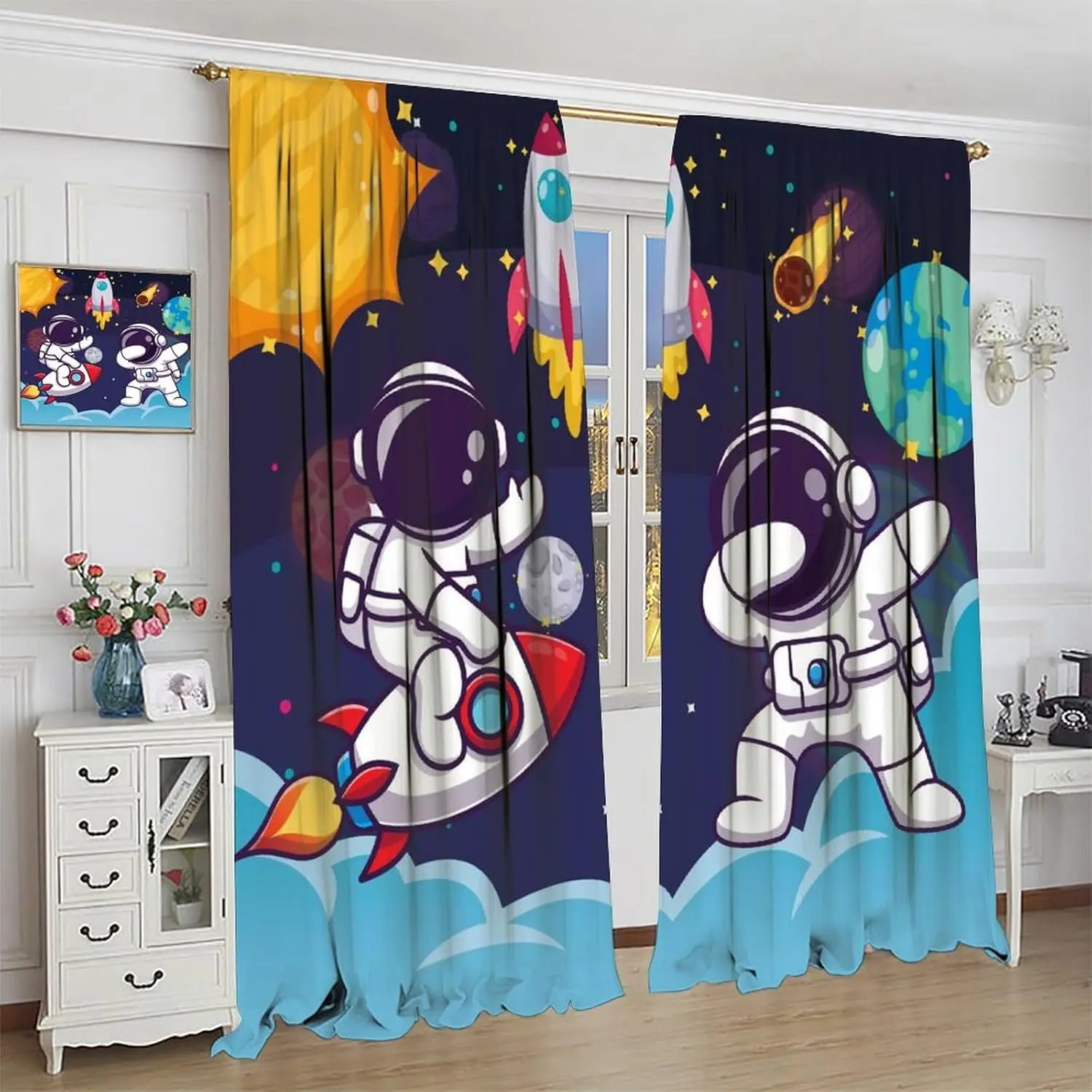 

Cute Astronaut Curtains,Cartoon Galaxy Cute Spaceman Pattern Rod Pocket Window Drapes for Boy Girls Room Nursery Classroom