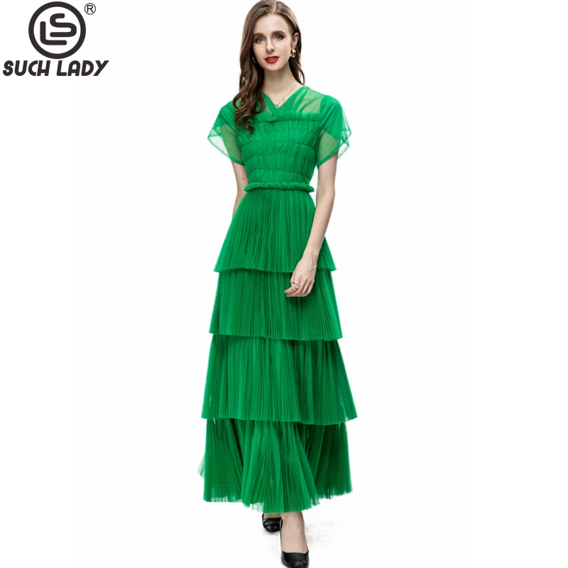 

Women's Runway Dresses V Neck Short Sleeves Ruched Bodice Tiered Ruffles Elegant Fashion Designer Party Prom Gown