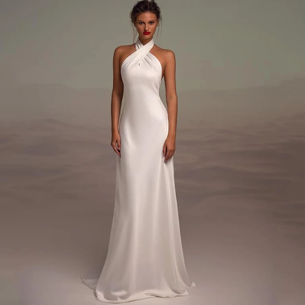 Robes de mariée licou à col haut personnalisées, robe de longueur au sol A-ligne, robe de plage de mariée civile, robe de soirée de mariage, mode sexy, dos nu