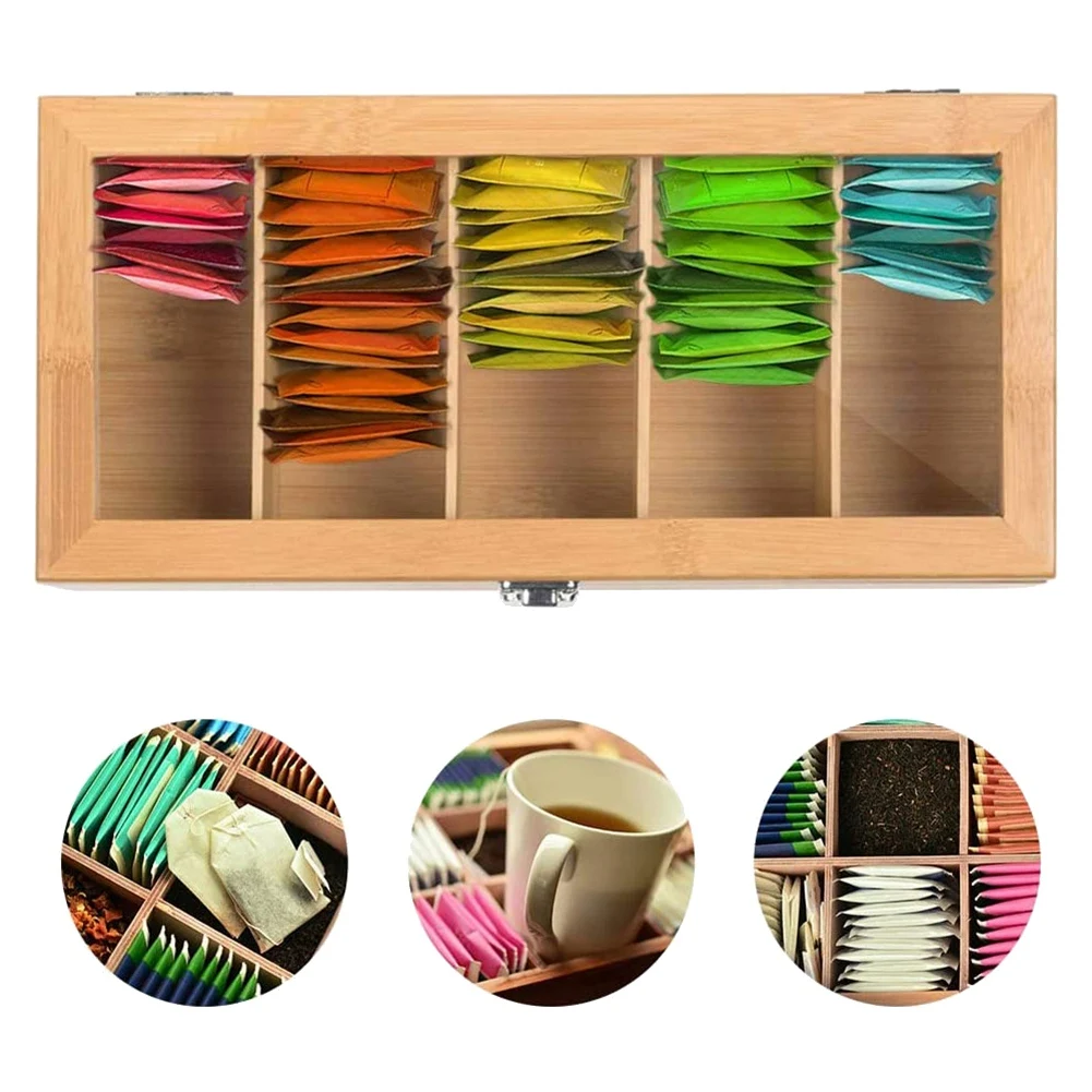 Multifunctional Bamboo System Tea Bag Jewelry Organizer Storage Box 5 Compartments Tea Box Organizer Sugar Container