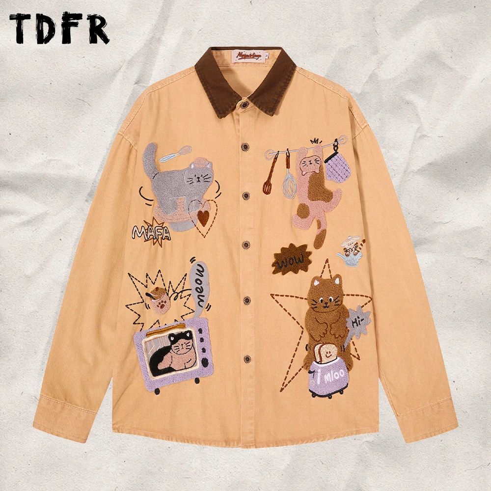 Retro Cat embroidery Shirts Mens Autumn Cartoon Long sleeved Single Breasted Cotton Shirts Man