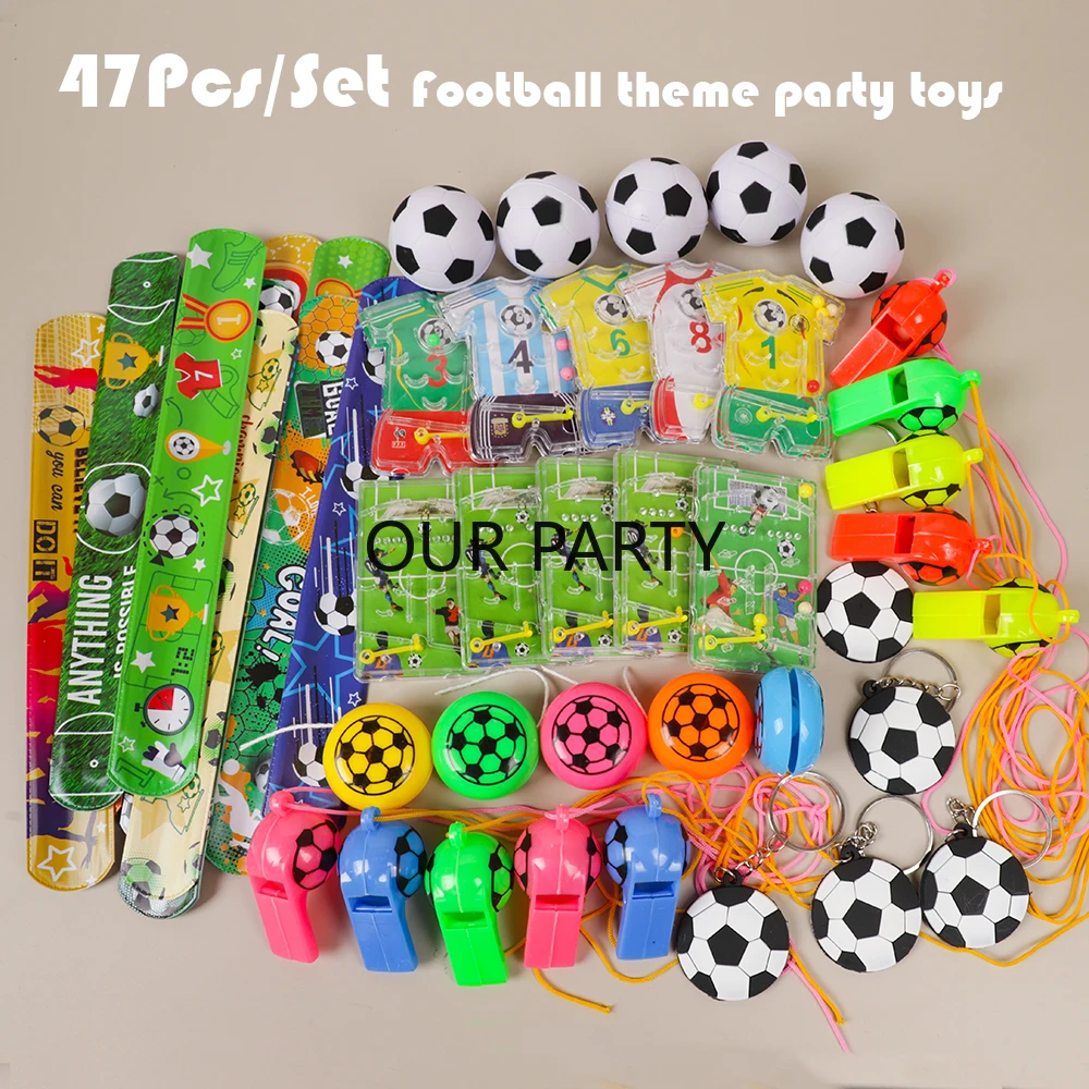 47Pcs Sports Football Theme Whistle Pin Ball Maze Yoyo Balls Slap Bracelet Toy for Kids Boy Birthday Party Favors Pinata Fillers