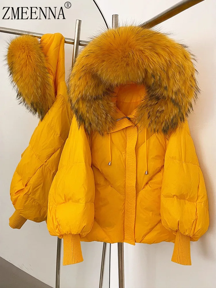 

ZMEENNA Women's Yellow Winter Puffer Jacket Luxurious Faux Fur Hood Warm And Down Coat Stylish Short Outerwear ZM3989