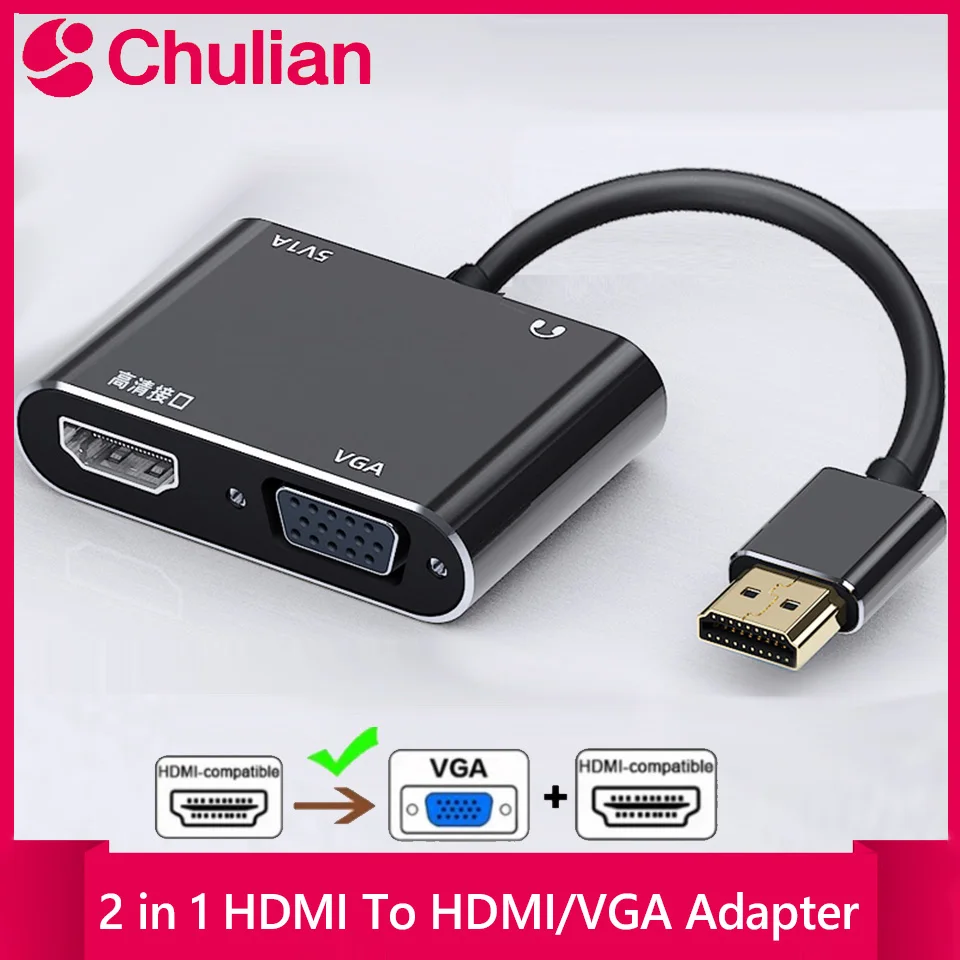 2 in 1 HDMI To HDMI/VGA Adapter Splitter 1080P with 3.5mm Audio Converter for Computer Desktop Laptop PC Monitor Projector HDTV