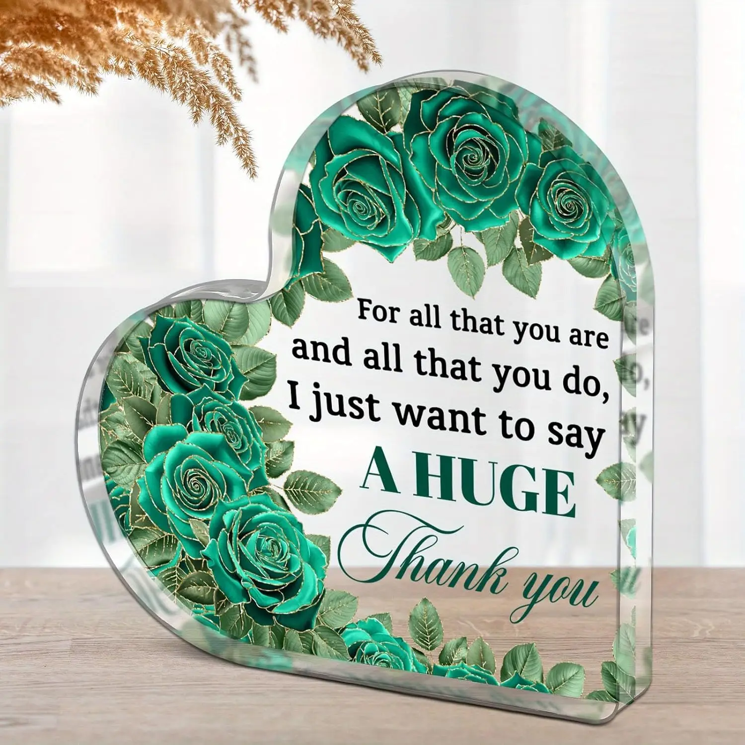 A Huge Thank You Heart‑Shaped Acrylic Tabletop Plaque, Emerald Green Gold Line Rose Desk Decor