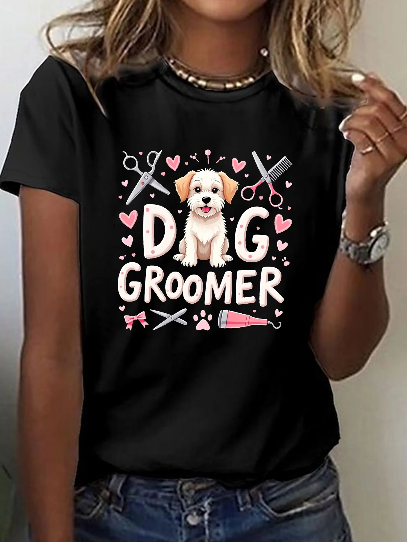 Women Dog Groomer T Shirt Pink White Grooming Tools Hearts Print Puppy Lettering Short Sleeve Round Neck Casual Tee