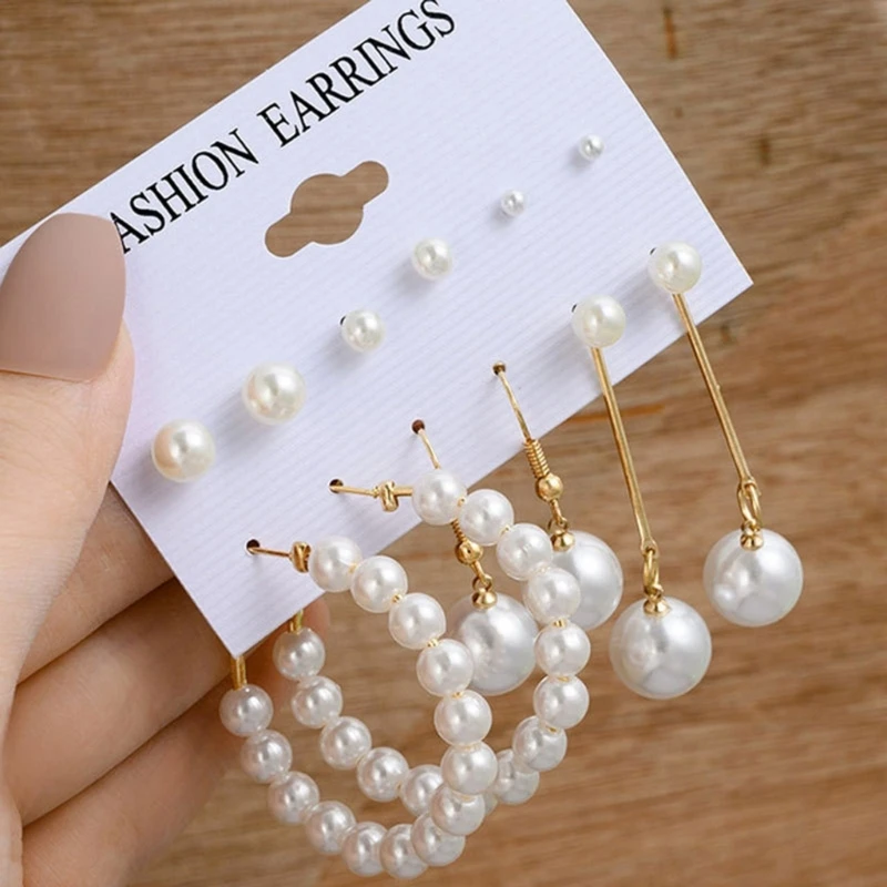 Gold Silver Color Pearl Hoop Earring Set for Women Girls Vintage Pearl Circle Bead Earring Trend Jewerly Accessories