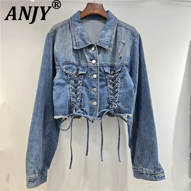 

ANJY Autumn New Women Y2K Short Denim Jacket Niche Design Lace-Up Single Breasted Burr Distressed Washed Vintage Tide Coat A9153