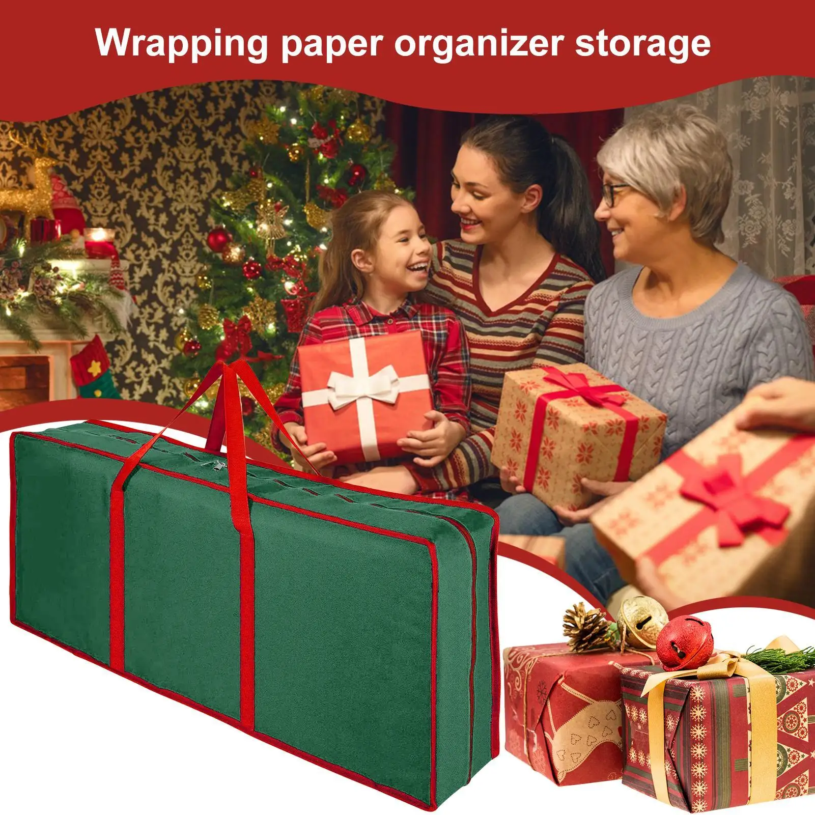 Wrapping Paper Storage Bin Zipper Christmas Carrying Case Wrapping Paper Organizer Bag Interior Pockets For Ribbon Bow Stickers