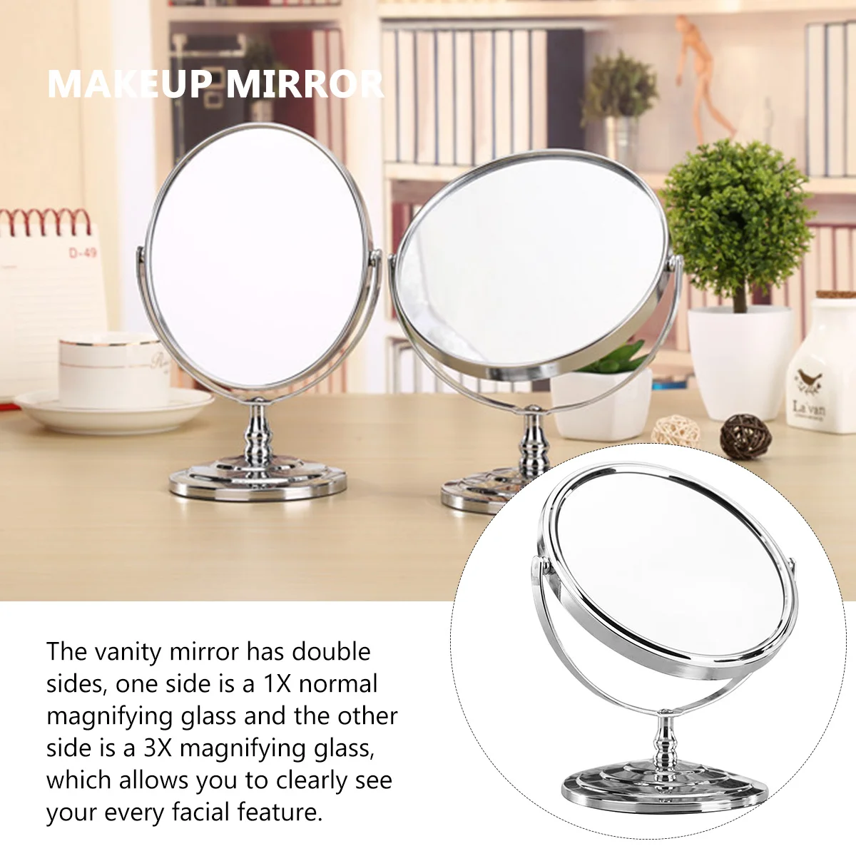 Dwustronne obrotowe lusterko kosmetyczne z lupą, stołowe, dekoracyjne, eleganckie, odporne na zarysowania, przenośne, do łazienki lub na biurko.