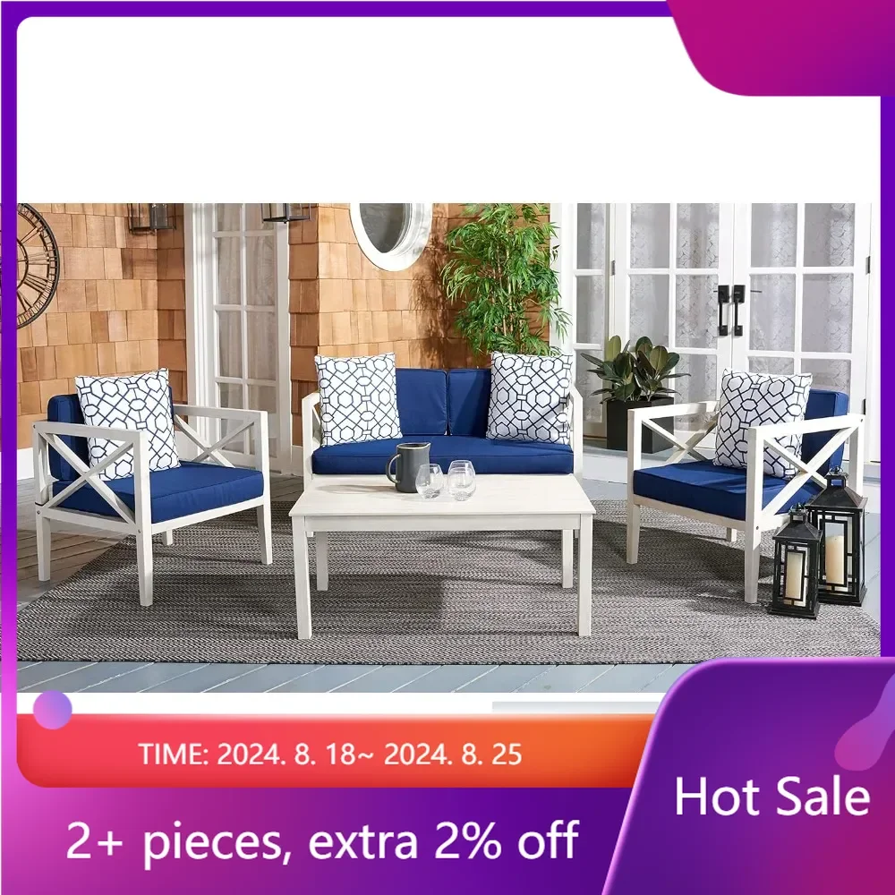 

Outdoor Collection Blue Cushion 4-Piece Conversation Patio Set With Accent Dining Table Set of Garden Furniture Dining Room Sets