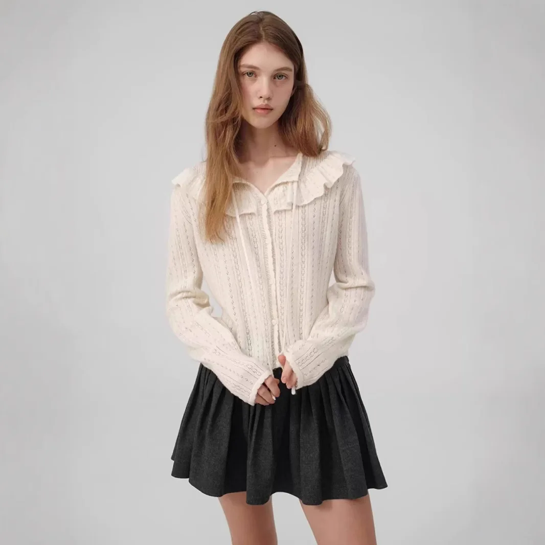 

South Korea thebarnnet Knitwear Crew Neck Lace-Up Ruffled Collar Tie-Front Wool Cardigan Top for Women