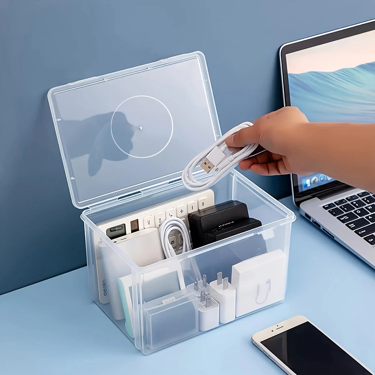 1pc Transparent Plastic Desktop Storage Box, for Storing Miscellaneous Items Such as Chargers, Remote Controls, Masks, Etc