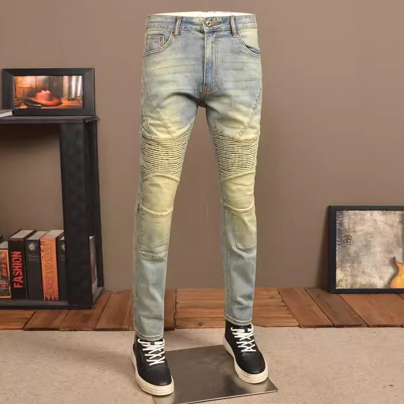 Jeans jeans azul retrô lavado masculino, calça slim fit, jeans de motociclista emendado, hip-hop remendado, moda de rua