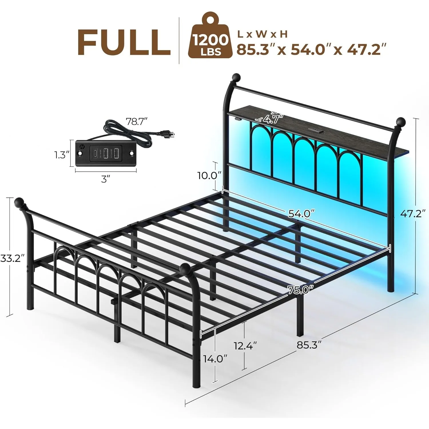 Cadre de Lit Complet avec Station de Recharge USB, Plate-forme D.lique de 14 Pouces, Planche de Sauna avec Traîneau