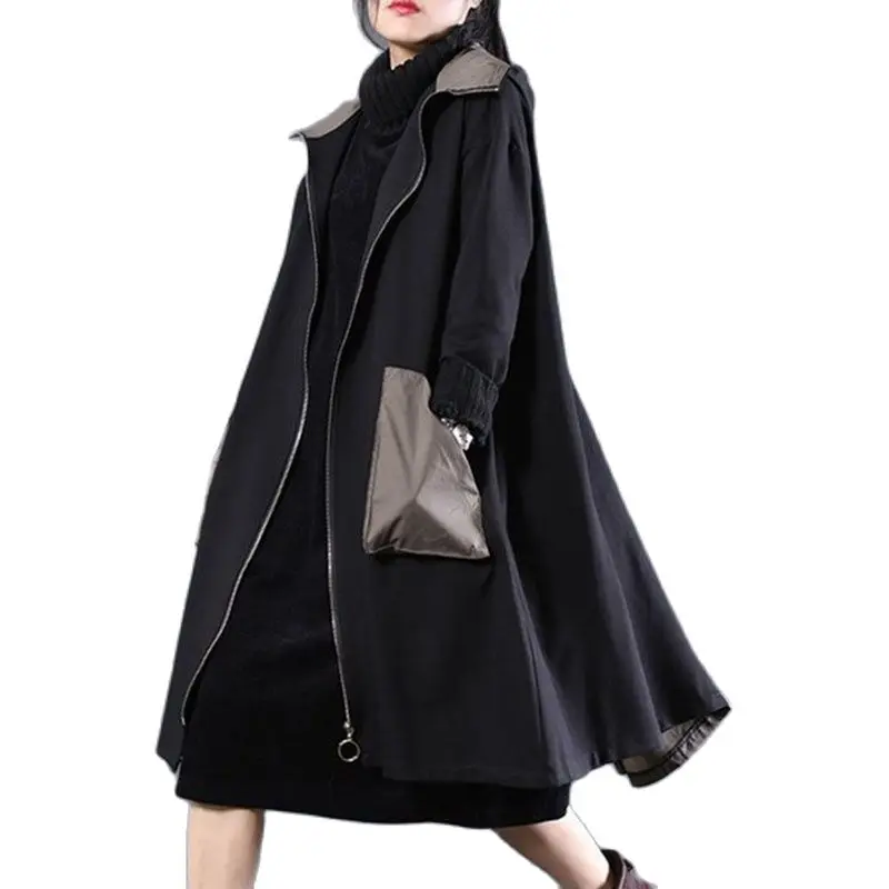 

2023 NEW Oversize Loose A-line Shape Trench Coat Women Hooded Windbreaker Patchwork Dustcoat Zipper-up Outerwear Female Overcoat