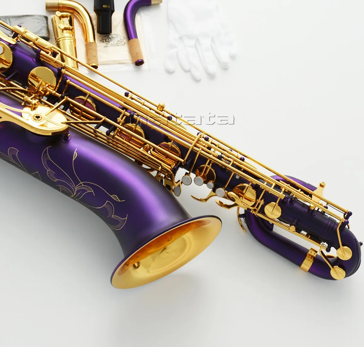 Fast Ship Matte purple Eb Baritone Saxophone Gold Bell Low A High F# Bari sax With 2 necks