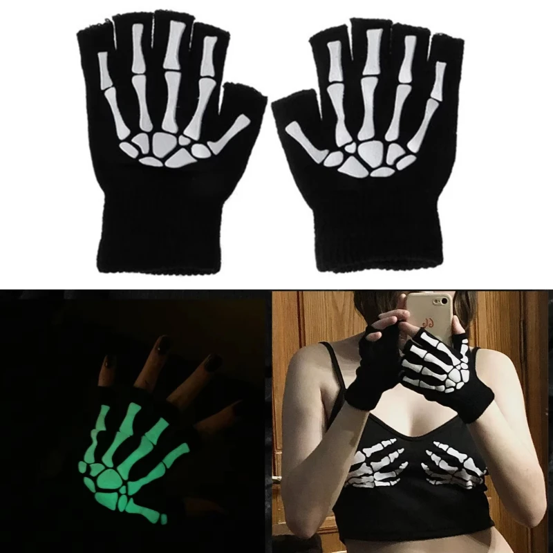 1/2/3/4 Paar warme Strickhandschuhe für Erwachsene, solide Halloween-Halbfingerhandschuhe, menschliches Skelett, Kopfdruck, rutschfeste Handgelenkhandschuhe