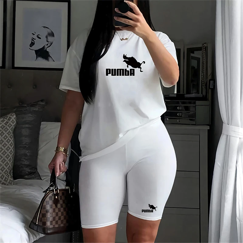 Summer Short Sleeve O-Neck Tee Tops+Pencil Short Sets Tracksuits Outfit Graphic T Shirts Jogging Suits Women Two Piece Set