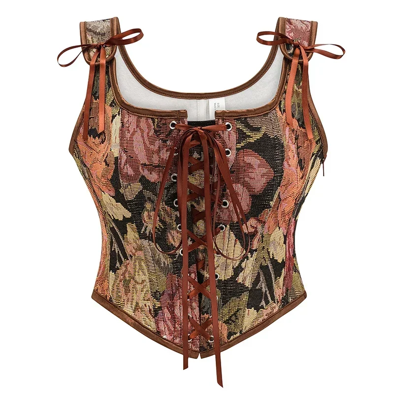 Vintage Gothic Women Corsets Lace Up Zip Floral Prints Corset Tank Top Sexy Waist Trainer Body Shaper Shapewear Slimming Vest